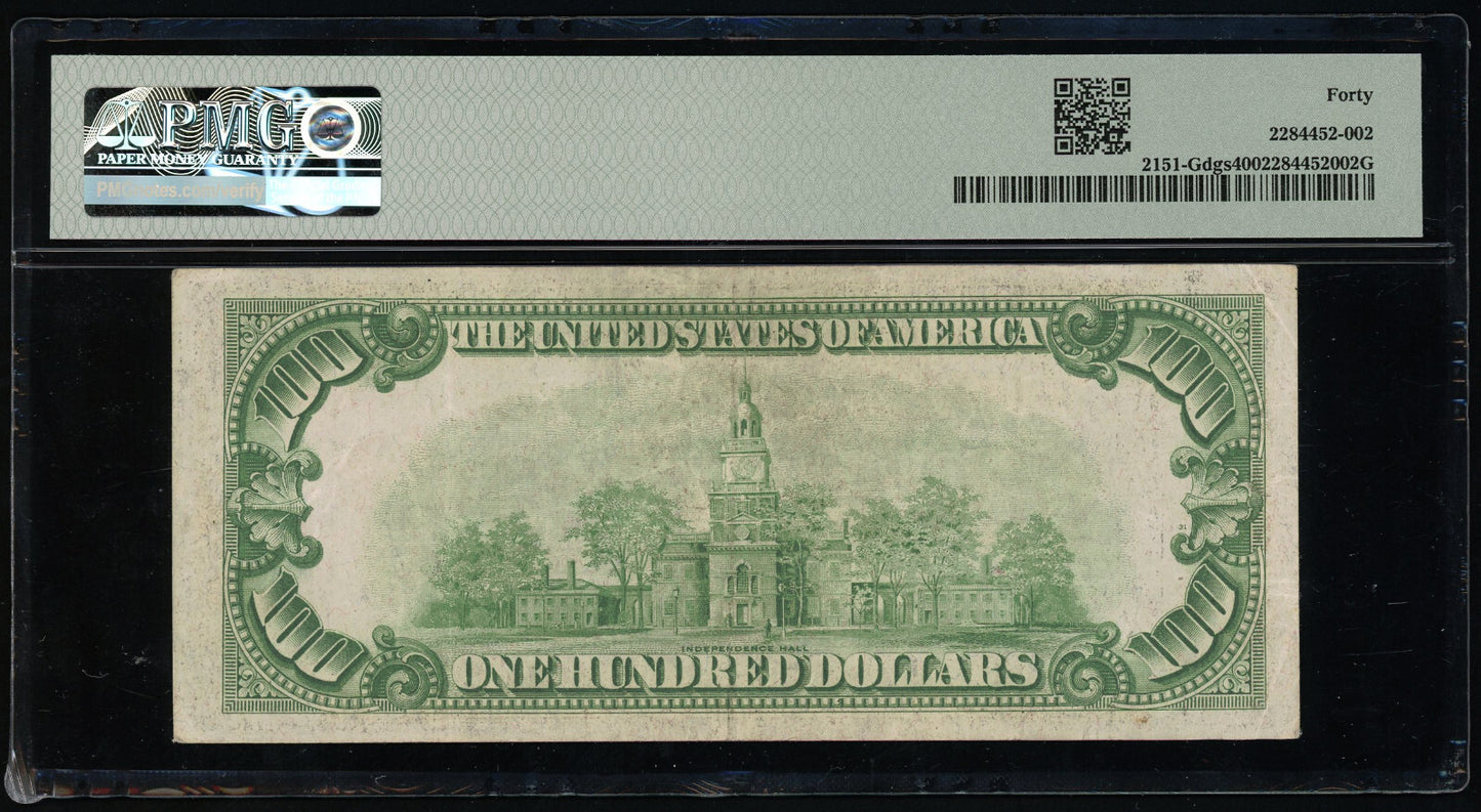 Fr 2151-Gdgs 1928A $100 FRN Chicago, Dark Green (GA Block) PMG 40 XF