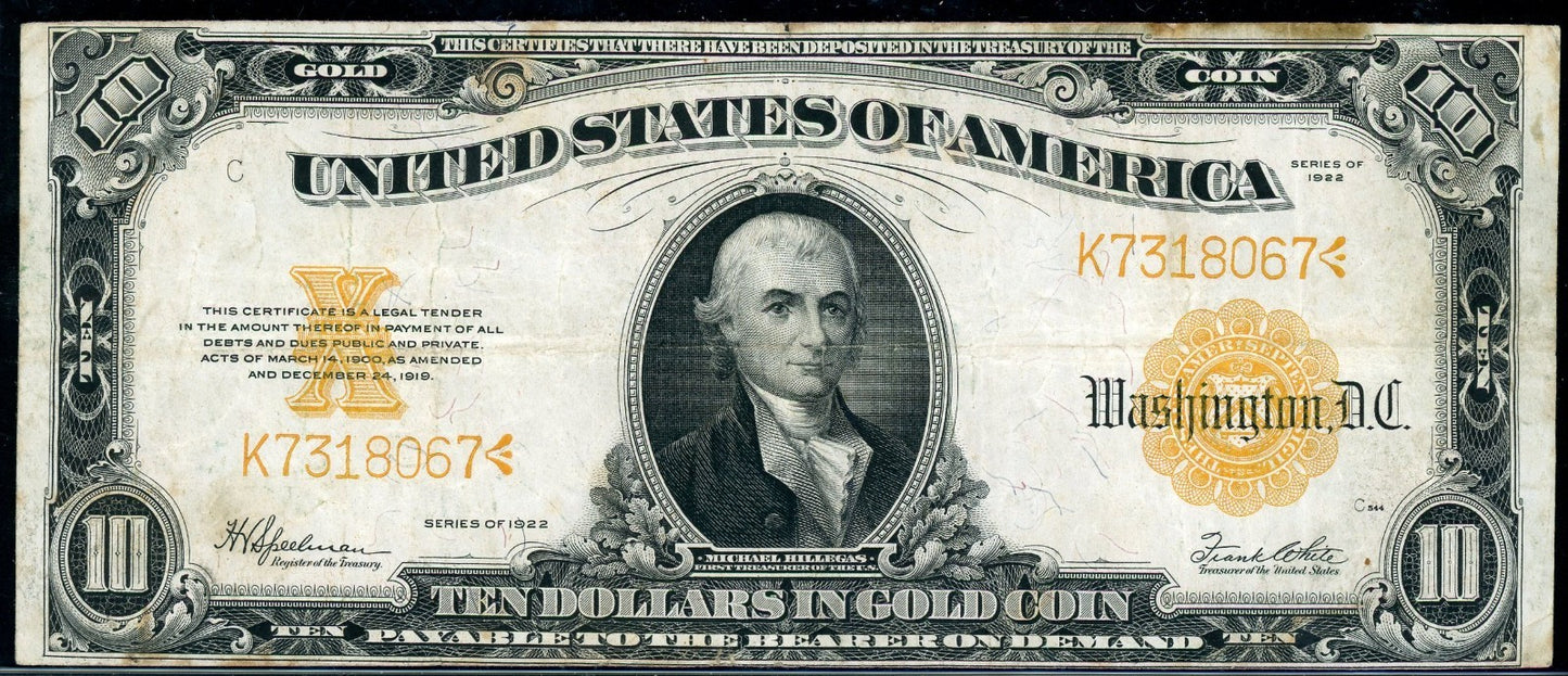 Fr 1173 1922 $10 Gold Certificate VF