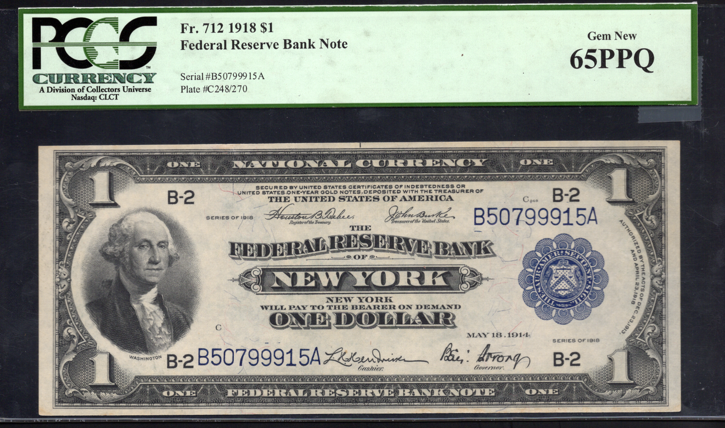 Fr 712 1918 $1 FRBN New York PCGS 65 PPQ