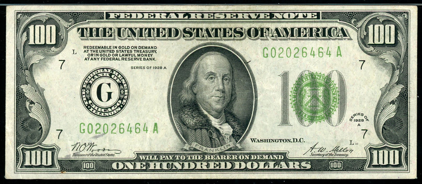 Fr 2151-Gdgs 1928A $100 FRN Chicago, Dark Green (GA Block) PMG 40 XF
