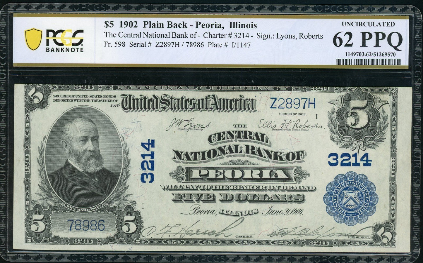 Fr 598 1902 $5 Plain Back Peoria IL PCGS 62 PPQ