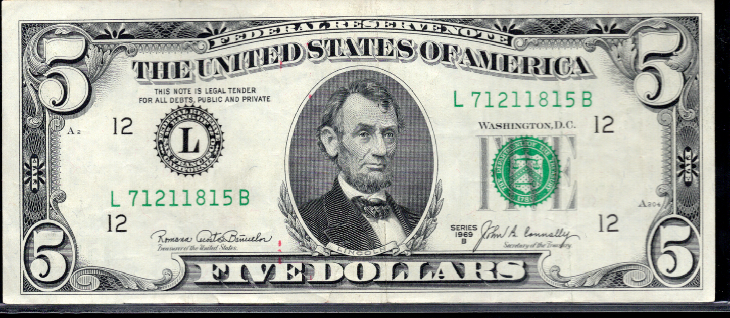 1969B $5 Federal Reserve Note INK TRANSFER ERROR