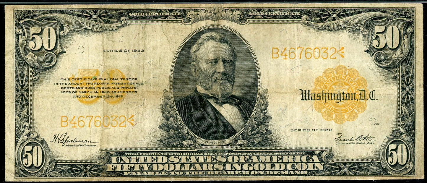 Fr 1200 1922 $50 Gold certificate PMG 15 Choice Fine
