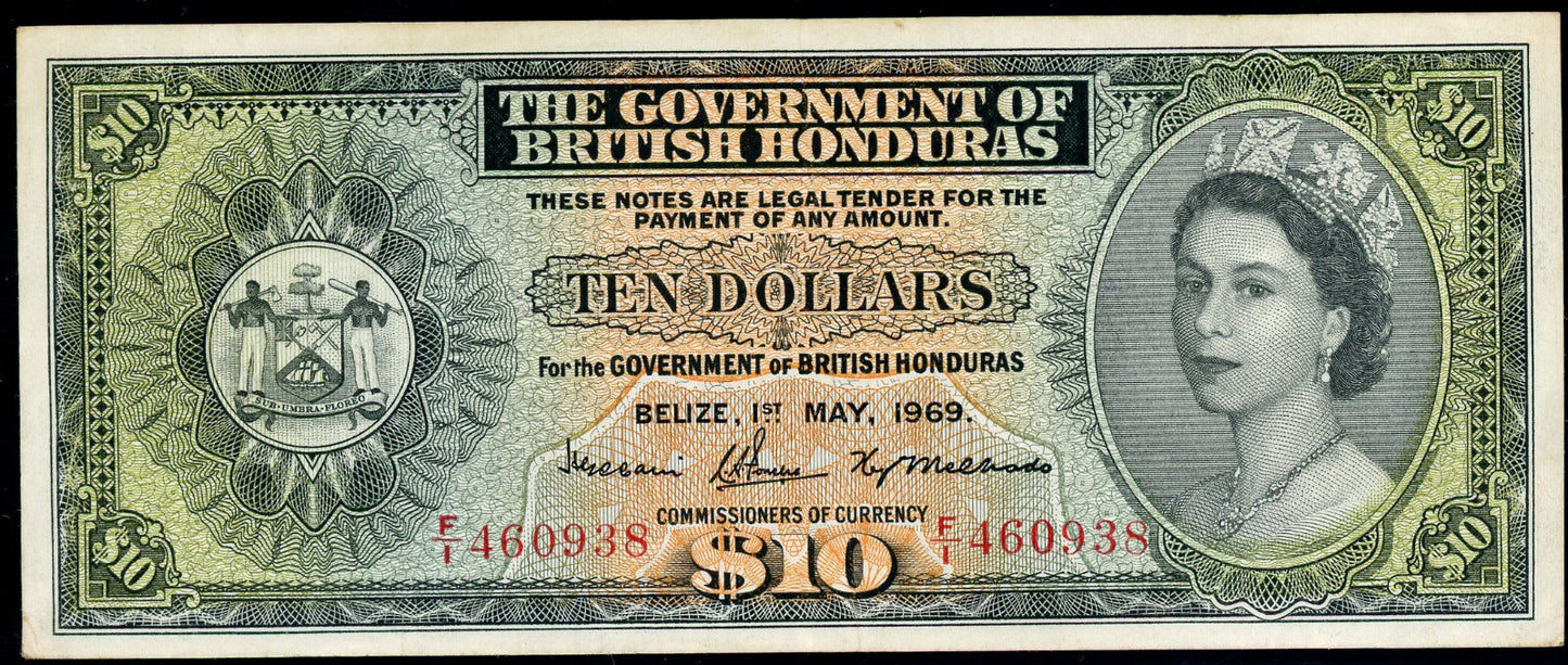 P-31b 1969 $10 British Honduras, VF, RARE