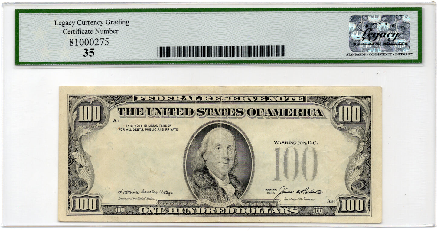 FR 2171B 1985 $100 FRN Overprint on Back ERROR
