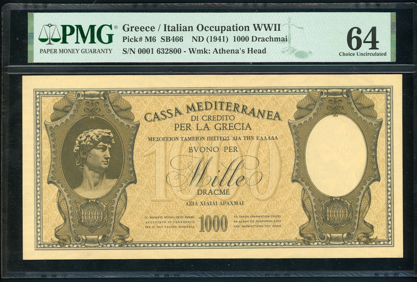 Greece P-M6 1941 Italian Occupation WWII 1000 Drachmai Cassa Mediterranea