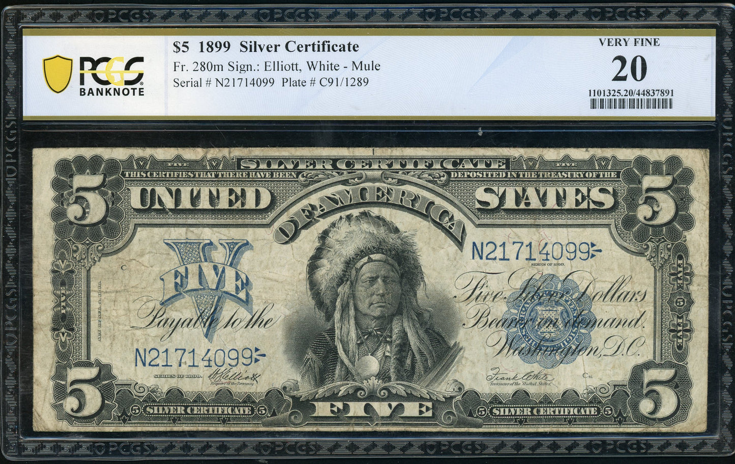 Fr 280m 1899 $5 Silver Certificate Indian Chief PCGS 20 VF