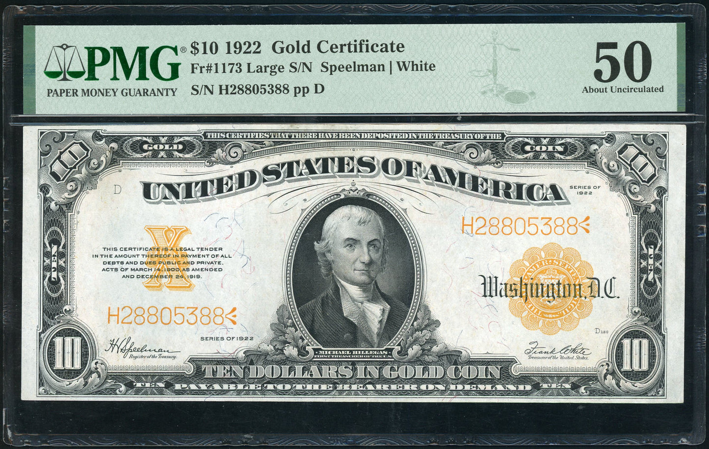Fr 1173 1922 $10 Gold Certificates PMG 50 AU