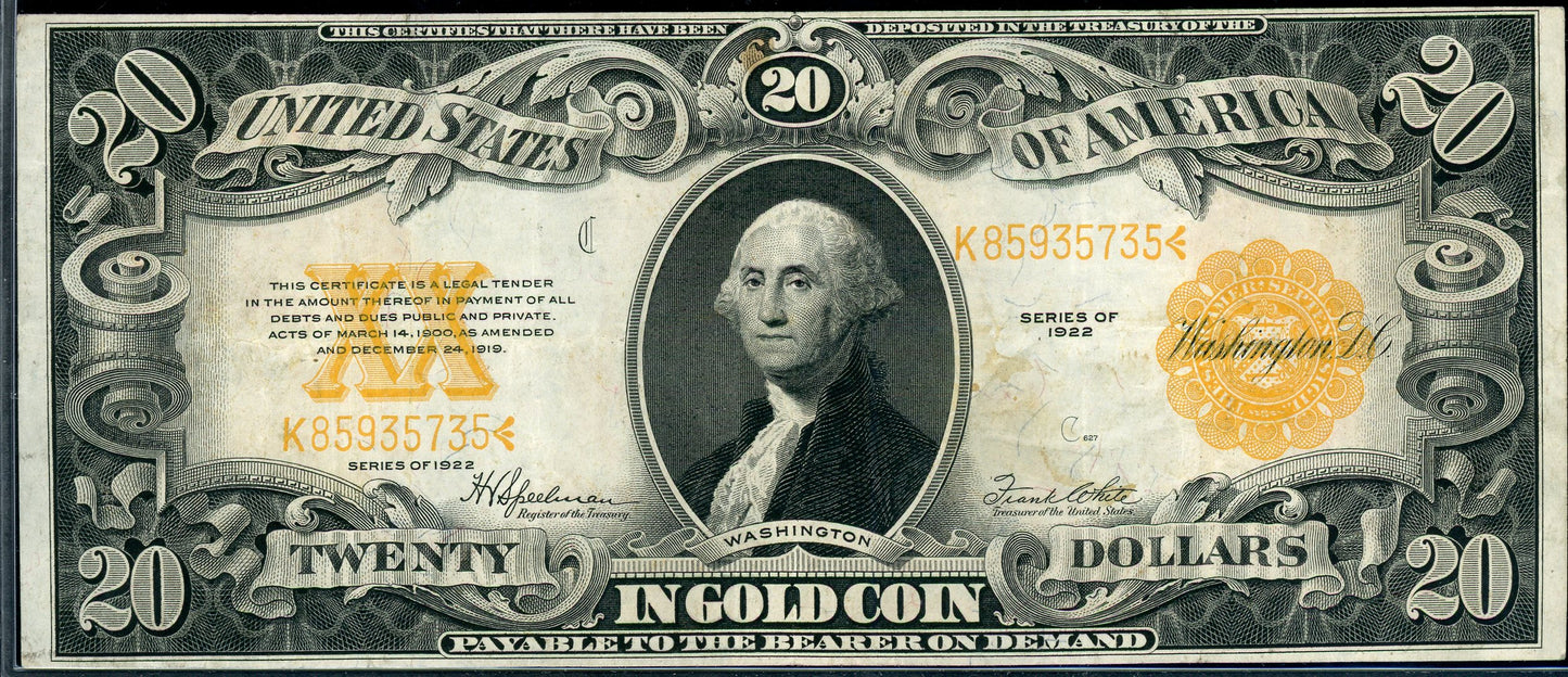 1922 $20 Gold Certificate