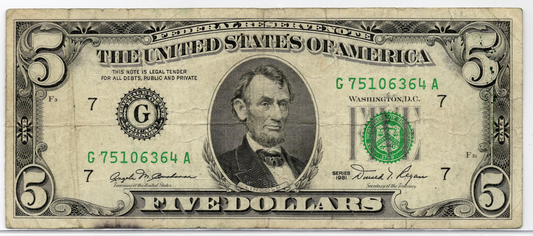 1981 $5 FRN Ink Smear ERROR