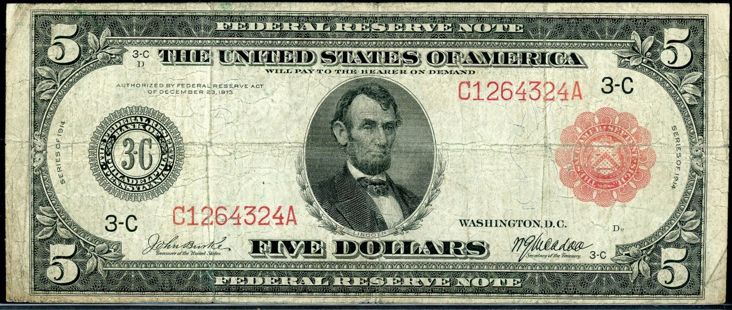 1914 $5 Federal Reserve Note Philidelphia Red Seal