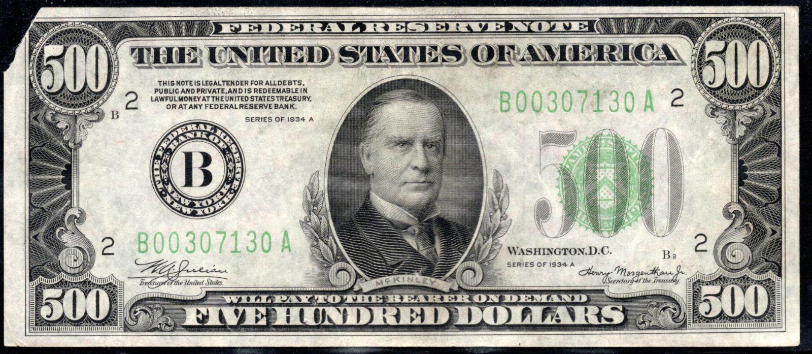 1934A $500 Federal Reserve Note NEW YORK TEAR