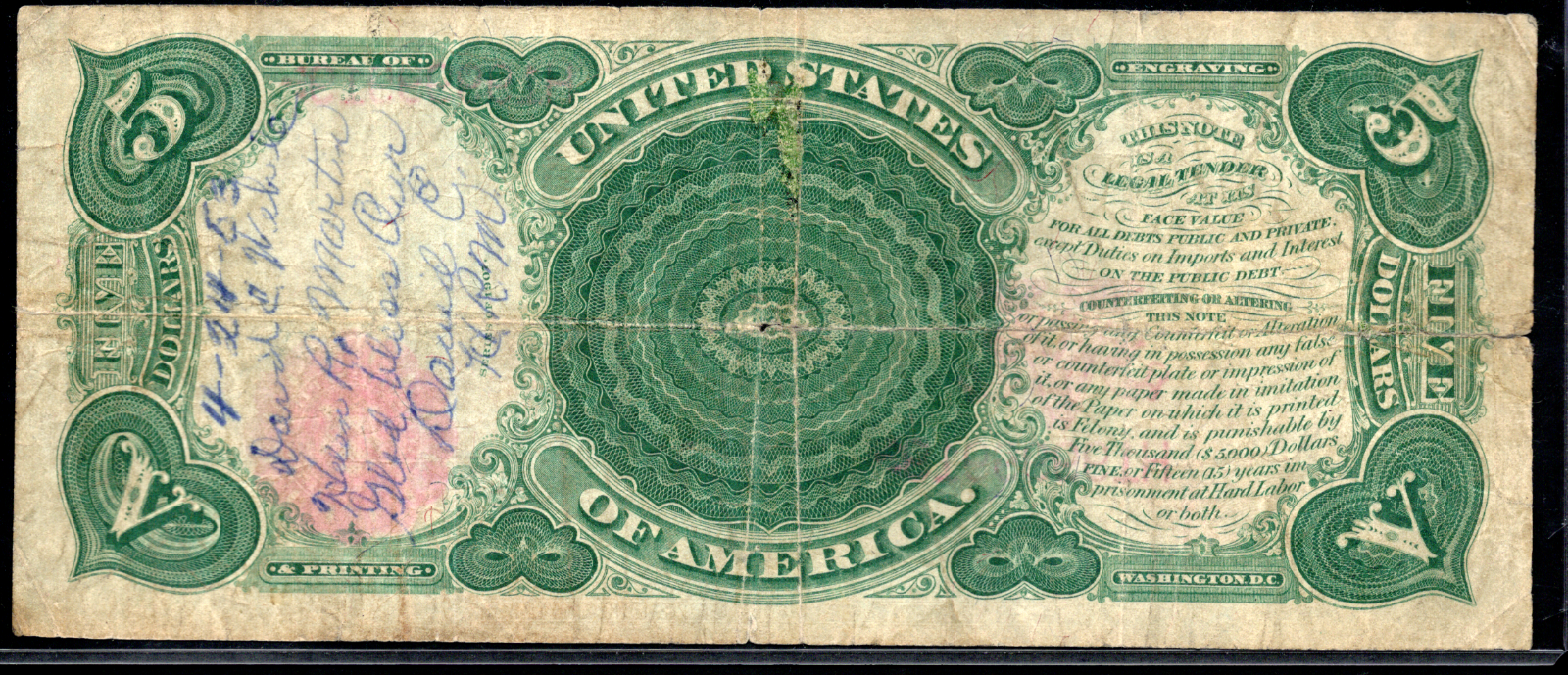 1907 $5 Legal Tender BINARY SERIAL NUMBER 