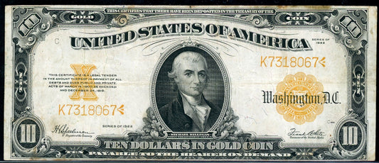 Fr 1173 1922 $10 Gold Certificate VF