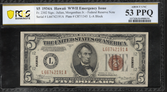 Fr 2302 1934A $5 Hawaii WWII Emergency Issue PCGS 53 PPQ