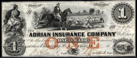 1850s $1 Adrian Insurance Company Obsolete Note