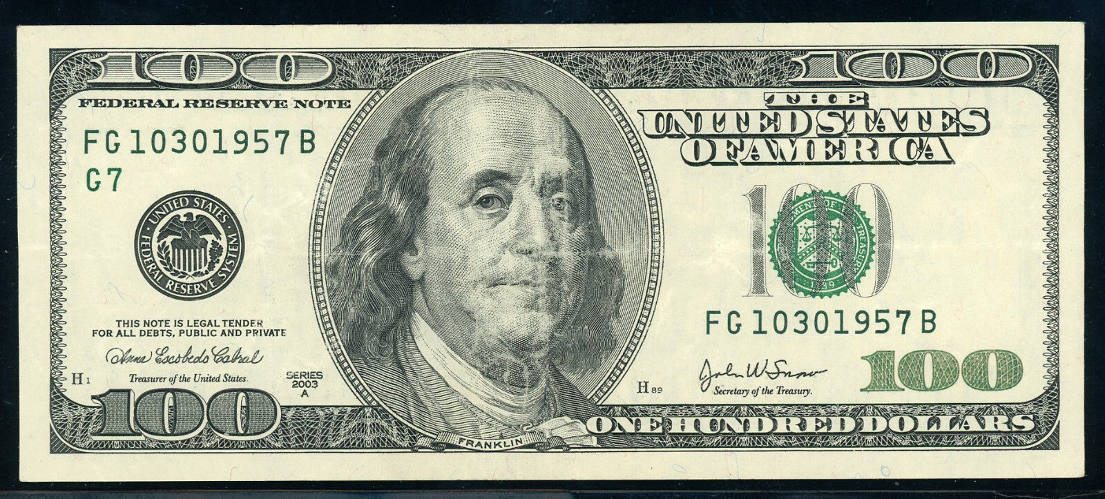 2003A $100, Birthday Note, Fancy Serial Number 10/30/1957