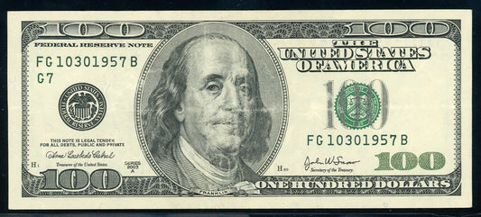 2003A $100, Birthday Note, Fancy Serial Number 10/30/1957
