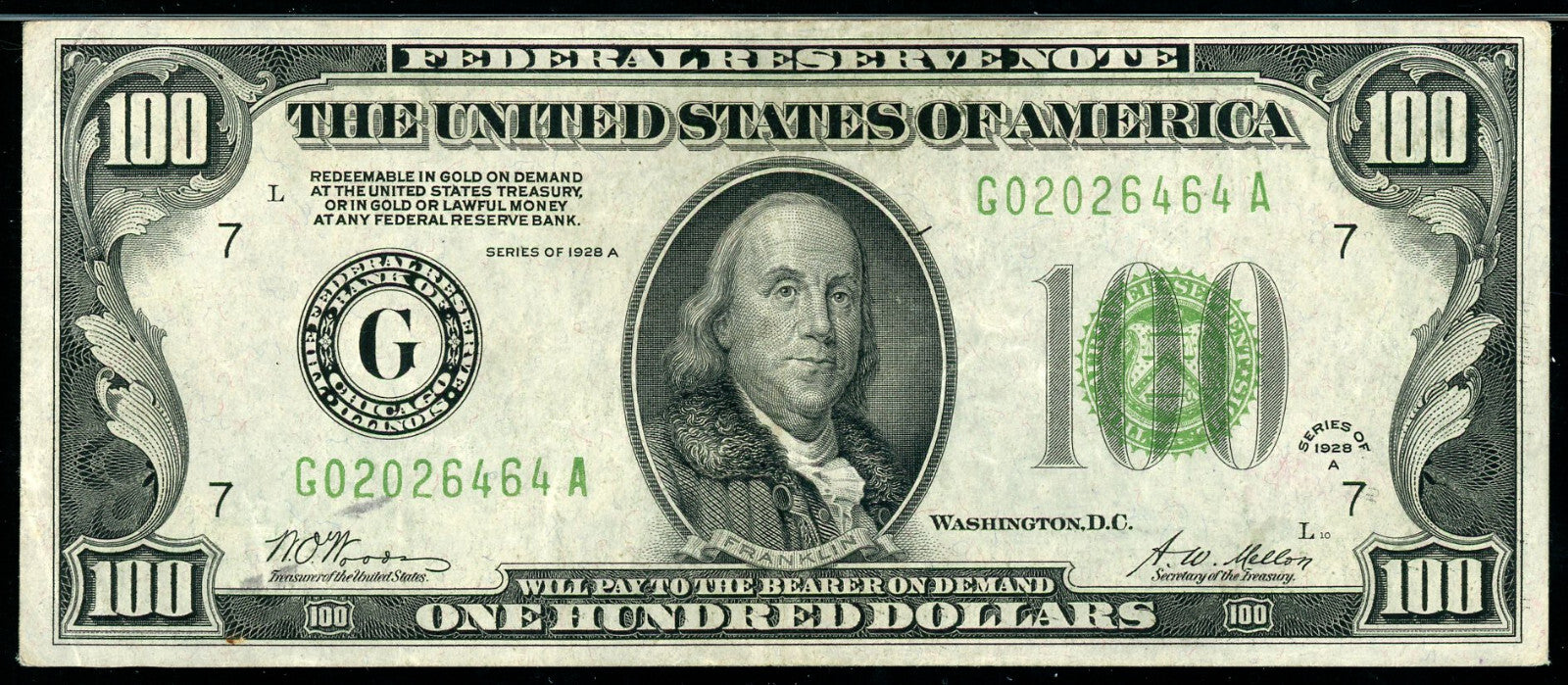 Fr 2151-Gdgs 1928A $100 FRN Chicago, Dark Green (GA Block) PMG 40 XF