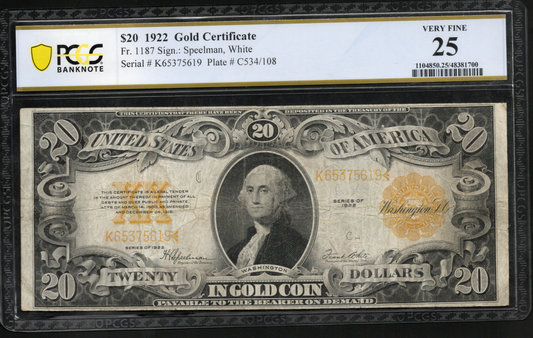 FR 1187 1922 $20 Gold Certificate