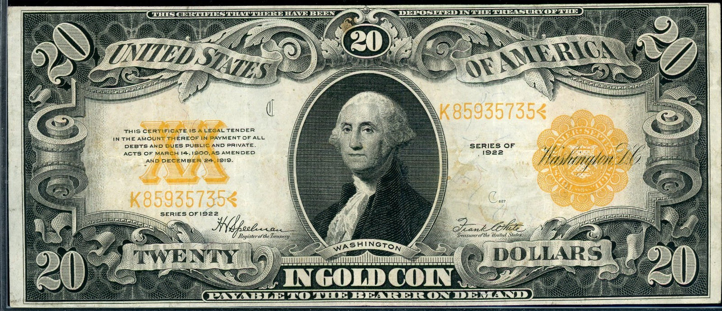 1922 $20 Gold Certificate 