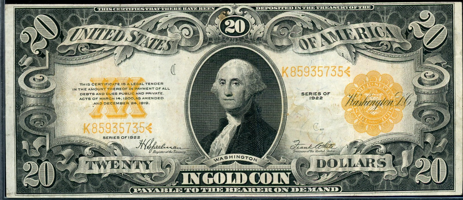 1922 $20 Gold Certificate 
