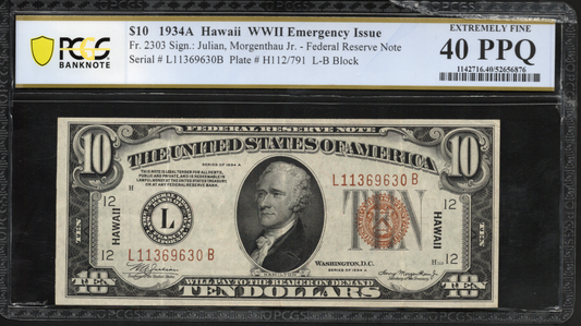 Fr 2303 1934A $10 Hawaii WWII Emergency Issue PCGS 40 PPQ