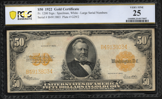 Fr 1200 1922 $50 Gold Certificate PMG 25