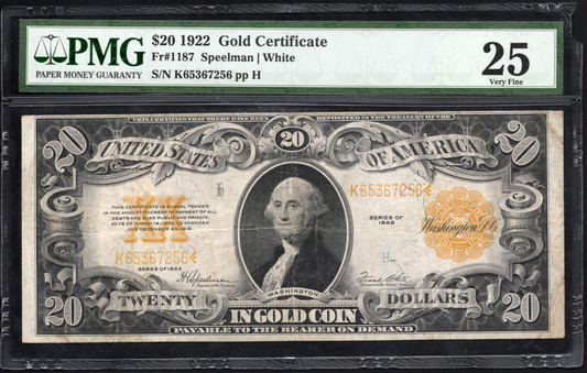 FR 1187 1922 $20 Gold Certificate 