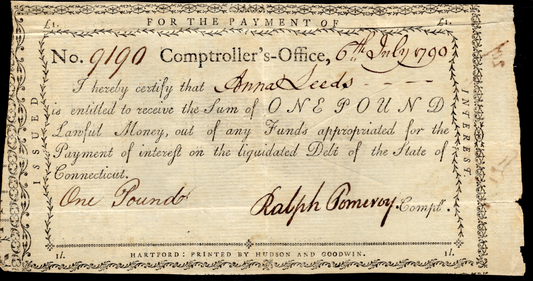 1790 1 Pound Connecticut Comptroller's Office Colonial Currency