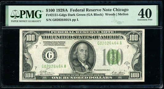 Fr 2151-Gdgs 1928A $100 FRN Chicago, Dark Green (GA Block) PMG 40 XF