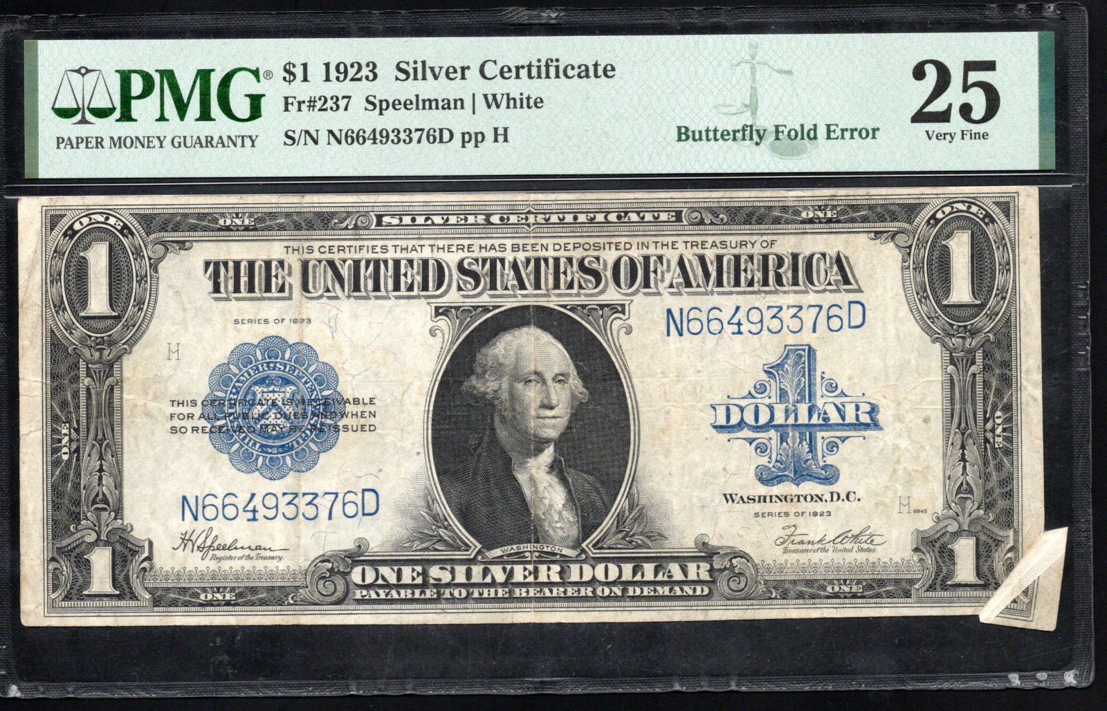 Fr 237 1923 $1 Silver Certificate BUTTERLY FOLD ERROR PMG 25