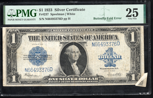 Fr 237 1923 $1 Silver Certificate BUTTERLY FOLD ERROR PMG 25
