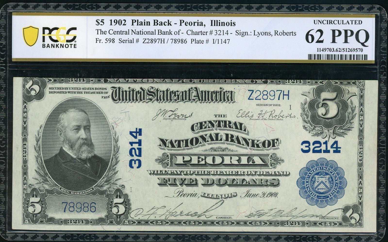Fr 598 1902 $5 Plain Back Peoria IL PCGS 62 PPQ