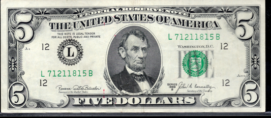 1969B $5 Federal Reserve Note INK TRANSFER ERROR
