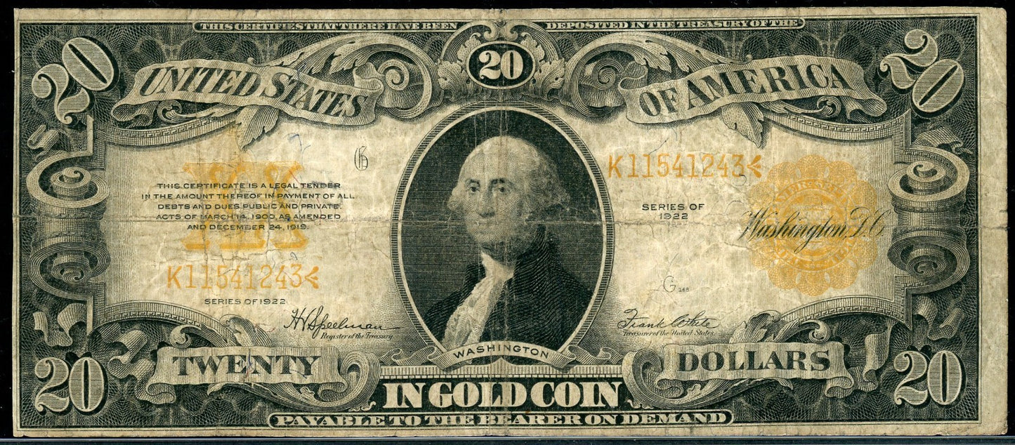 1922 $20 Gold Certificate 