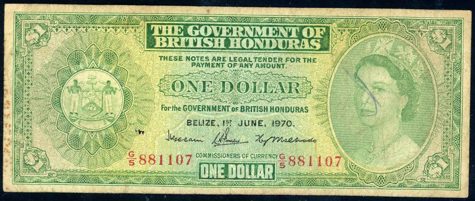 P-28c 1970 $1 British Honduras Fine, LOOK AT PICTURES