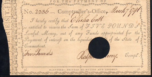 1791 5 Pound Connecticut Comptroller's Office Colonial Currency