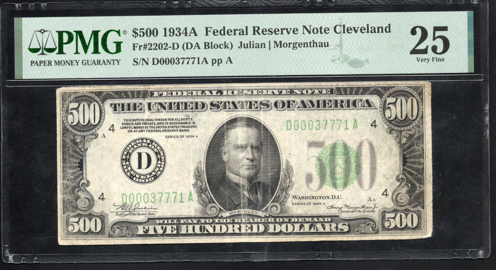 Fr 2202-D 1934A $500 Federal Reserve Note Cleveland PMG 25