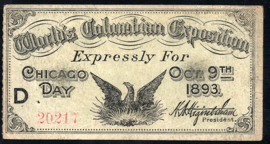1893 World's Columbian Exposition Ticket - Chicago IL - Chicago Day