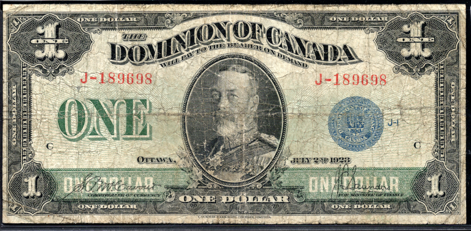 1923 $1 Dominion of Canada Blue Seal