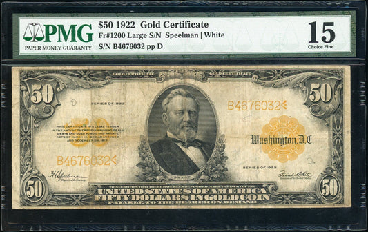 Fr 1200 1922 $50 Gold certificate PMG 15 Choice Fine