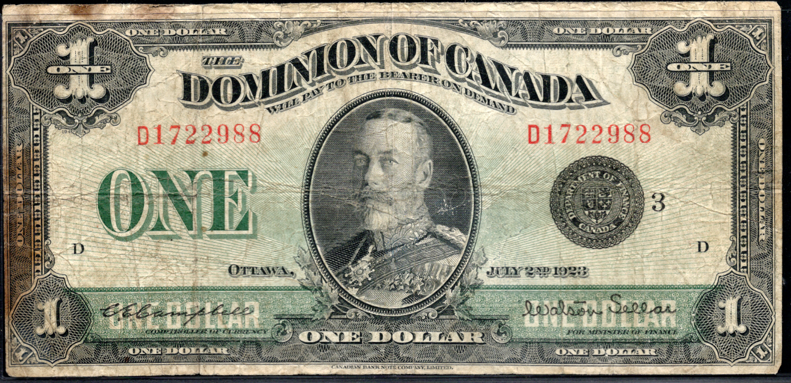 1923 $1 Dominion of Canada Black Seal