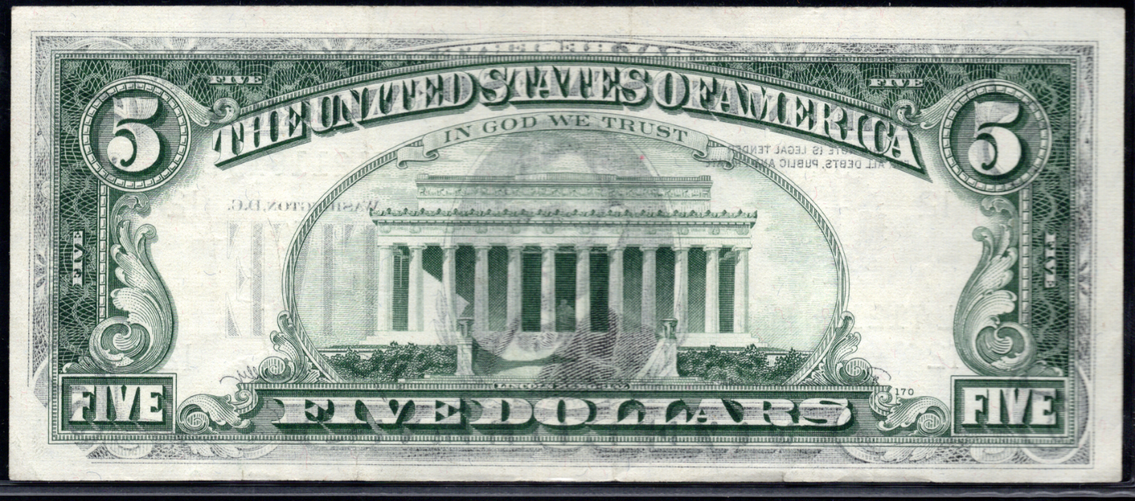 1969B $5 Federal Reserve Note INK TRANSFER ERROR