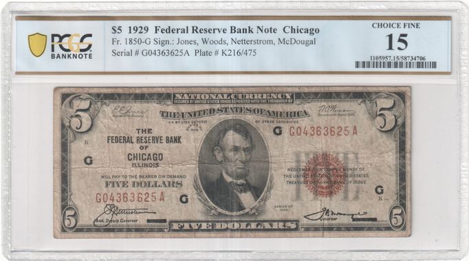 FR 1850-G 1929 $5 Federal Reserve Bank Note Chicago
