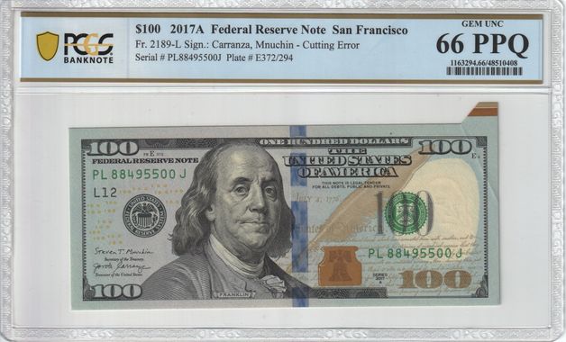 FR 2189-L 2017A $100 FRN CUTTING ERROR