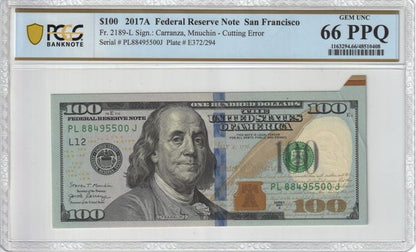 FR 2189-L 2017A $100 FRN CUTTING ERROR