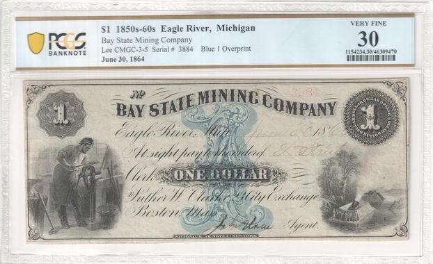 FR CMGC-3-5 1850s-60s $1 Bay State Mining Company, Blue 1 Overprint