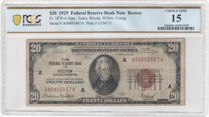 FR 1870-A 1929 $20 Federal Reserve Bank Note Boston