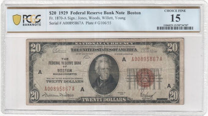FR 1870-A 1929 $20 Federal Reserve Bank Note Boston
